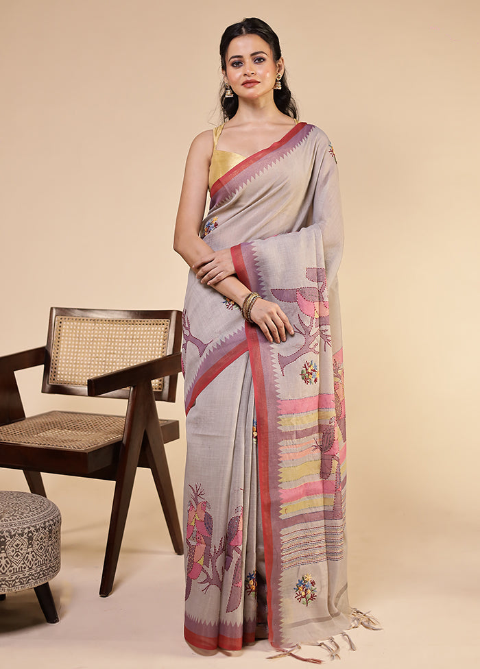Grey Linen Silk Saree With Blouse Piece