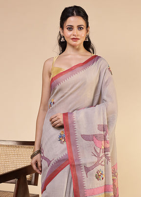 Grey Linen Silk Saree With Blouse Piece