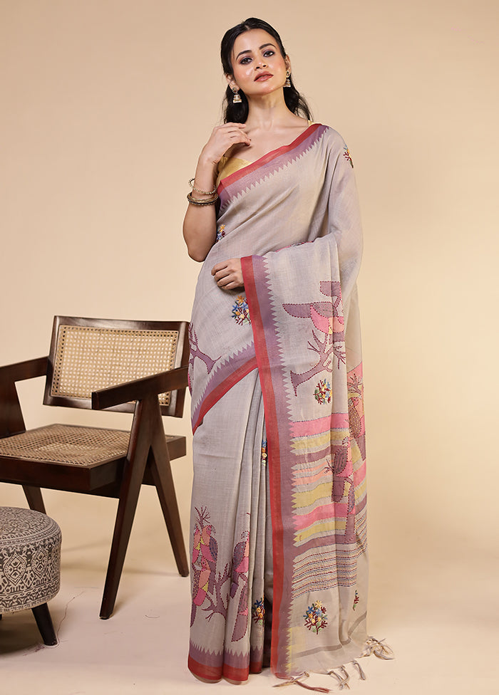 Grey Linen Silk Saree With Blouse Piece