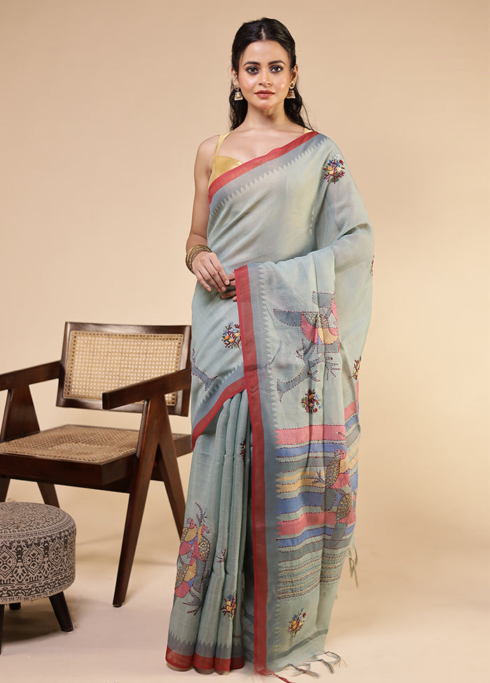 Green Linen Silk Saree With Blouse Piece