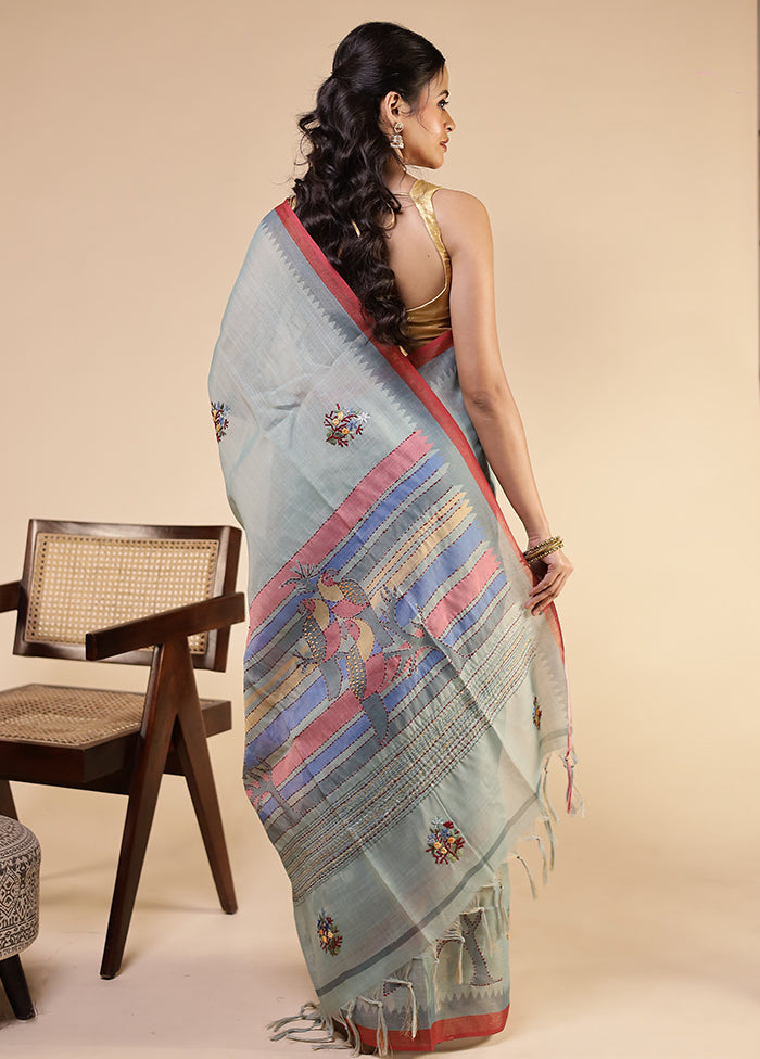 Green Linen Silk Saree With Blouse Piece
