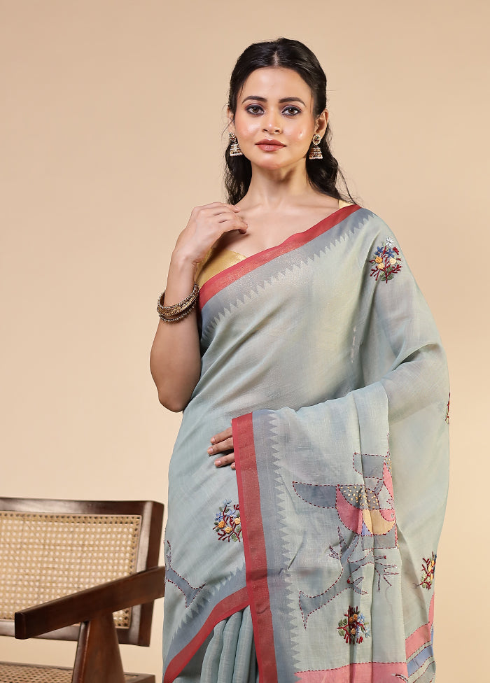 Green Linen Silk Saree With Blouse Piece