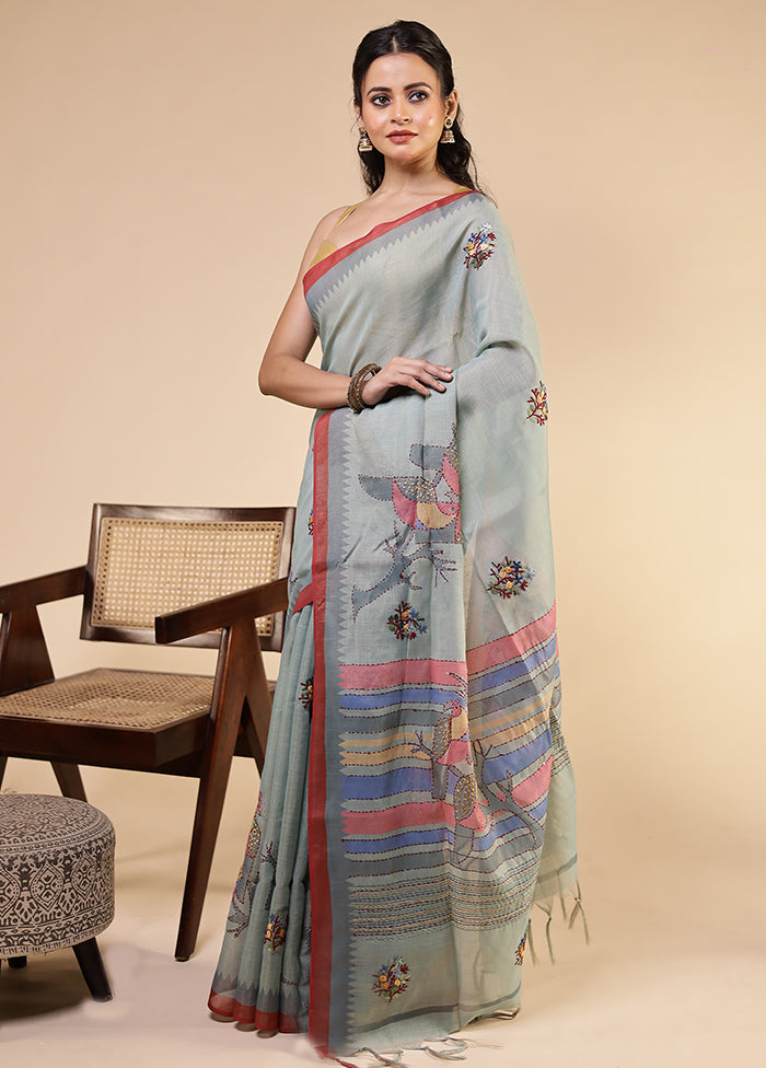 Green Linen Silk Saree With Blouse Piece