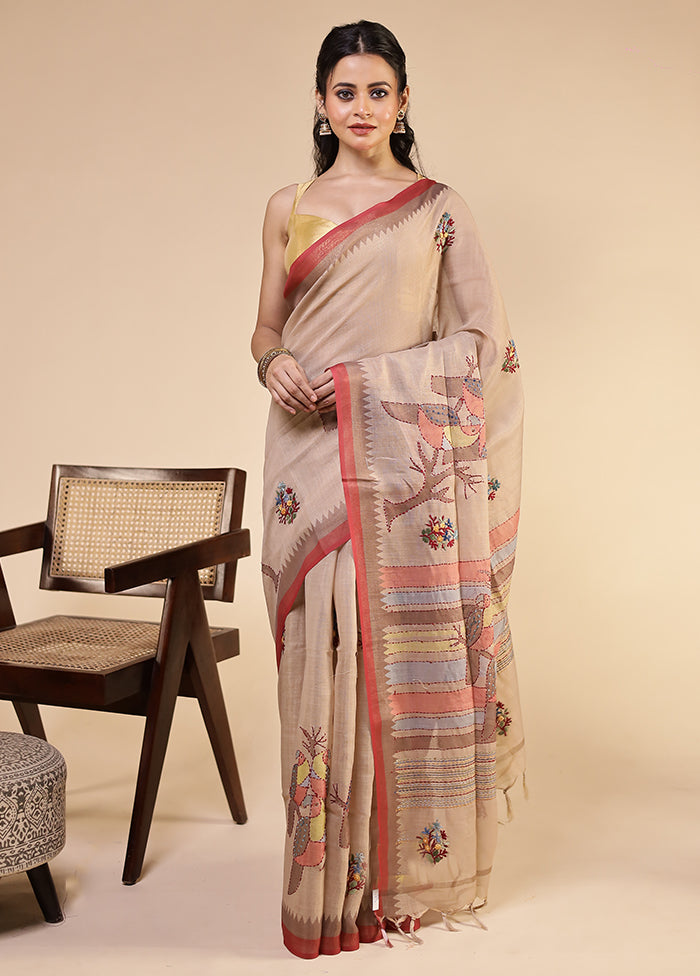 Cream Linen Silk Saree With Blouse Piece