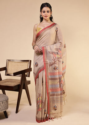 Cream Linen Silk Saree With Blouse Piece