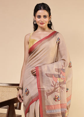 Cream Linen Silk Saree With Blouse Piece