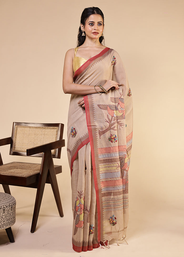 Cream Linen Silk Saree With Blouse Piece