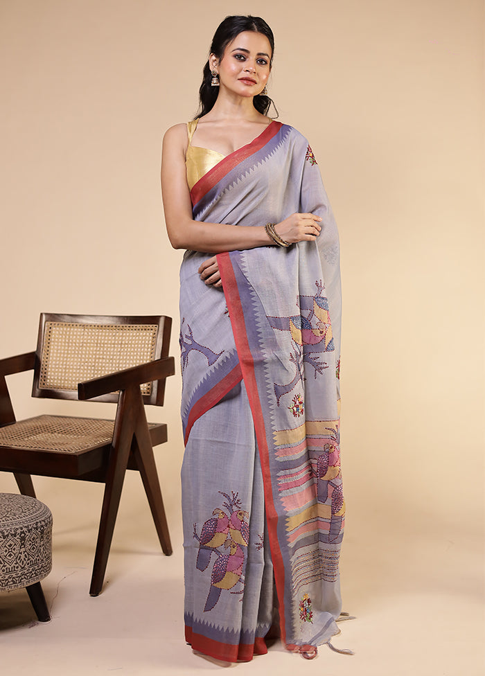 Blue Linen Silk Saree With Blouse Piece