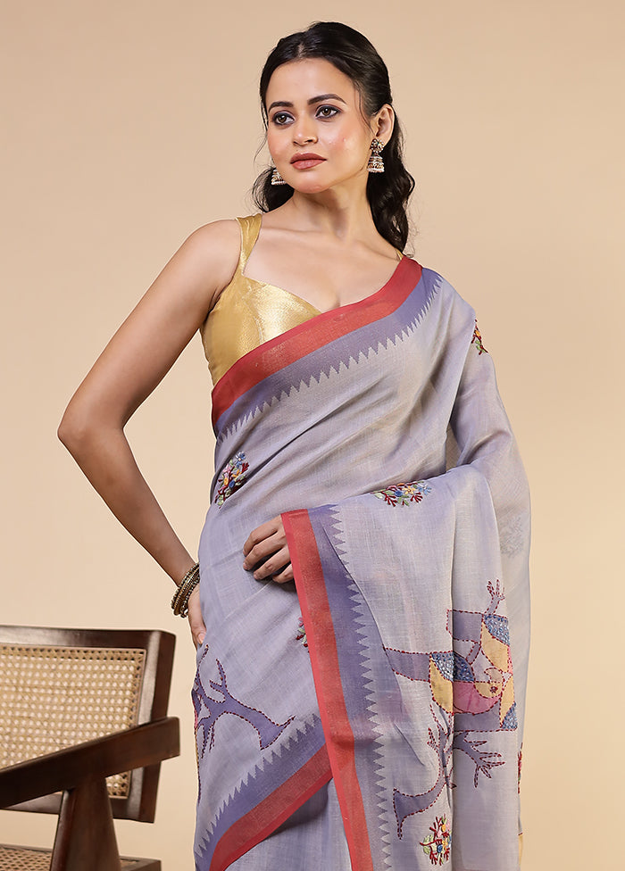 Blue Linen Silk Saree With Blouse Piece