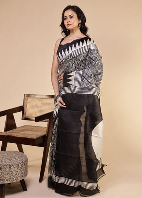 White Printed Pure Silk Saree Without Blouse Piece
