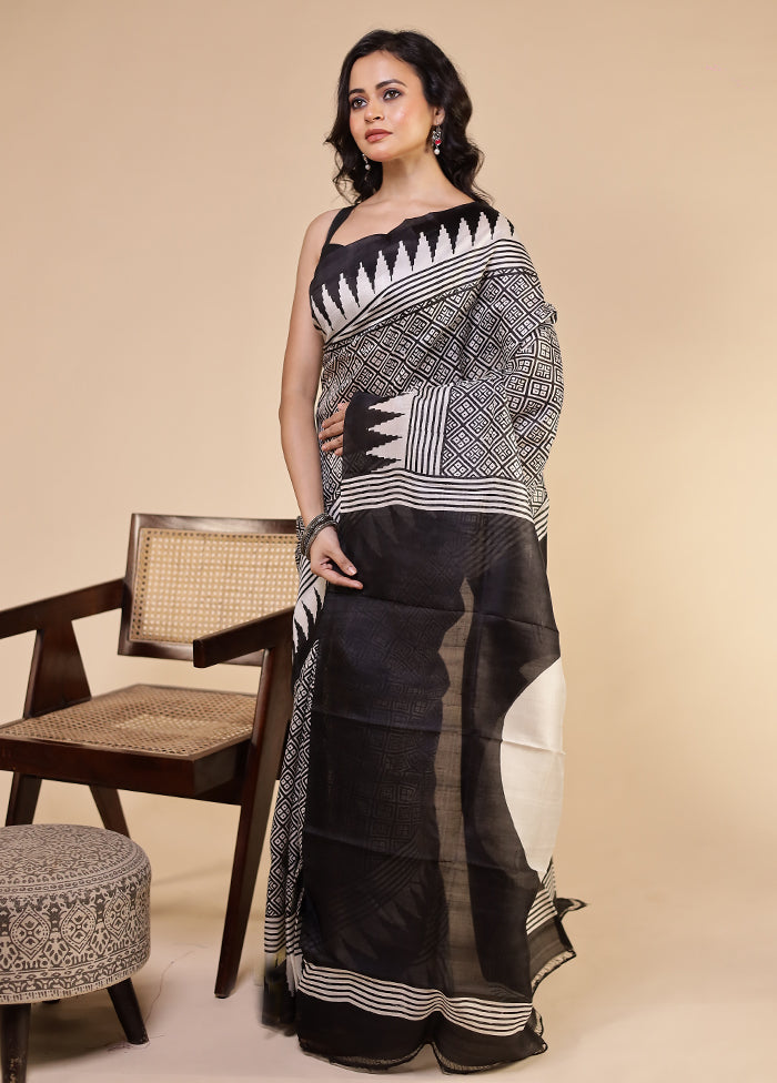 White Printed Pure Silk Saree Without Blouse Piece