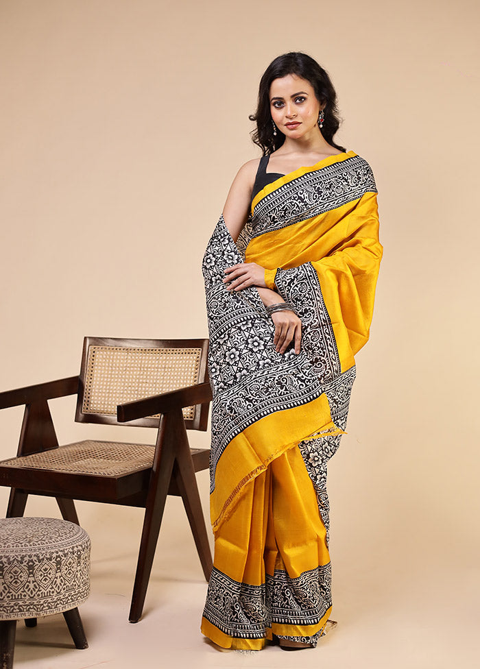 Yellow Printed Pure Silk Saree Without Blouse Piece