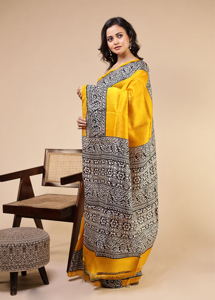 Yellow Printed Pure Silk Saree Without Blouse Piece