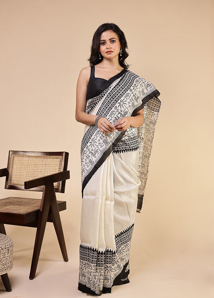 White Printed Pure Silk Saree Without Blouse Piece