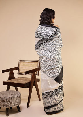 White Printed Pure Silk Saree Without Blouse Piece