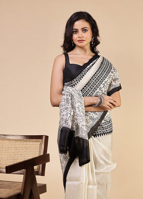 White Printed Pure Silk Saree Without Blouse Piece