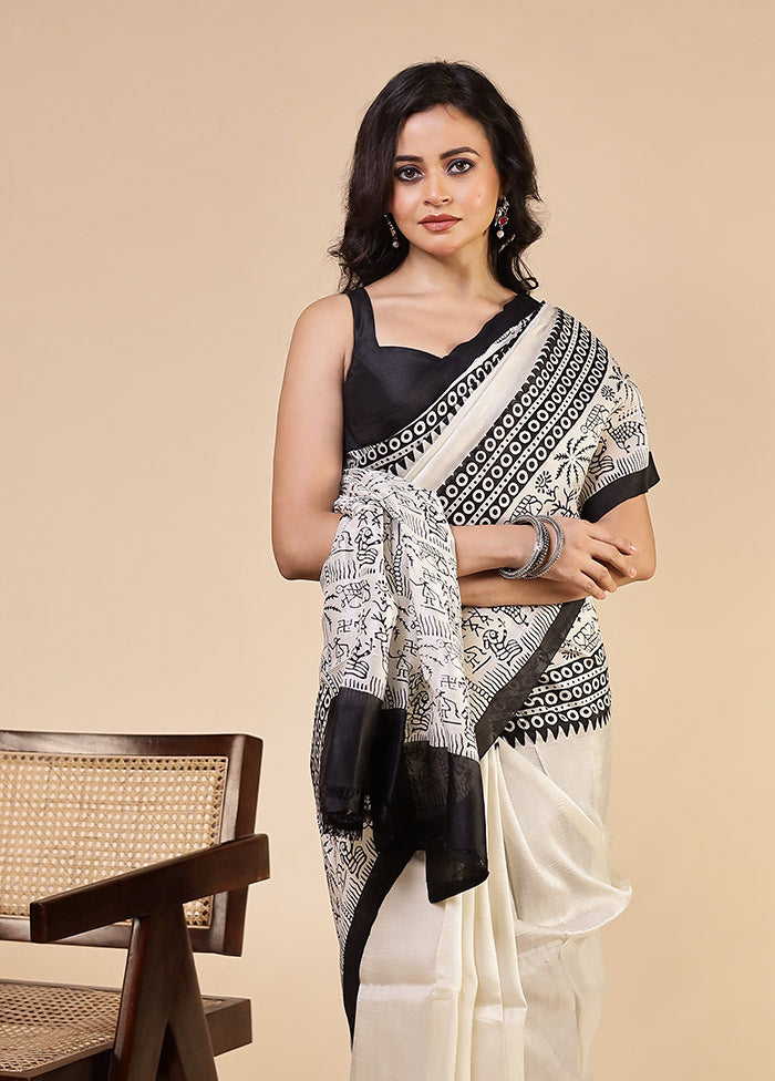 White Printed Pure Silk Saree Without Blouse Piece
