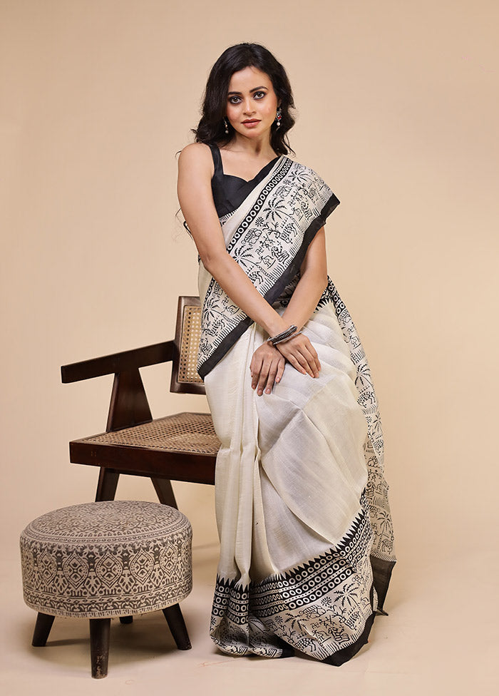 White Printed Pure Silk Saree Without Blouse Piece