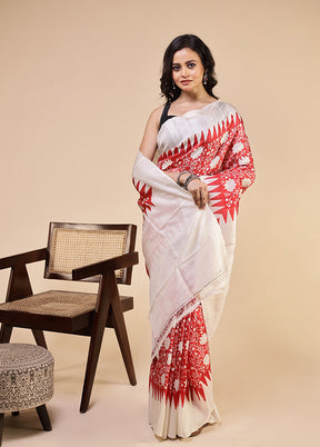 White Printed Pure Silk Saree Without Blouse Piece