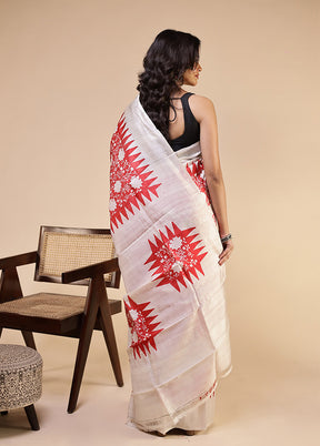 White Printed Pure Silk Saree Without Blouse Piece