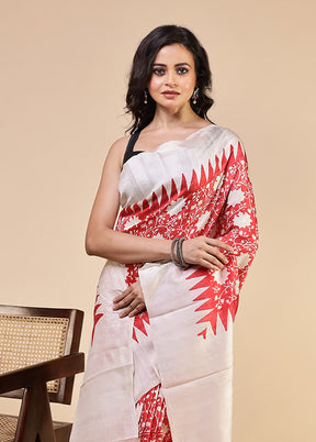 White Printed Pure Silk Saree Without Blouse Piece