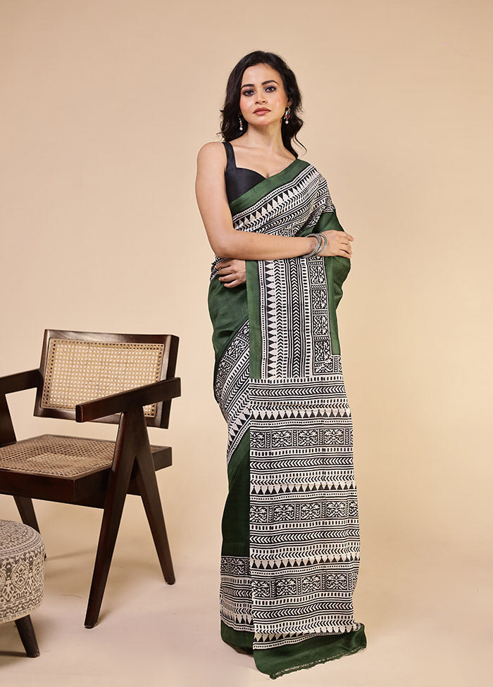 Green Printed Pure Silk Saree Without Blouse Piece