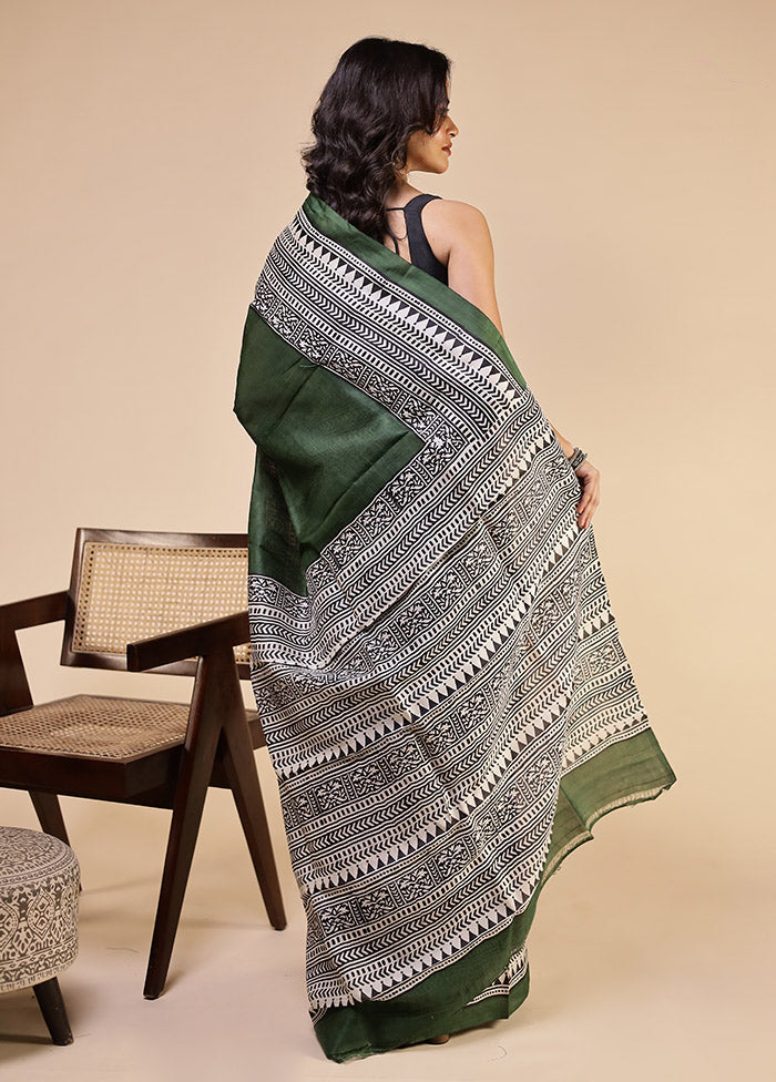 Green Printed Pure Silk Saree Without Blouse Piece