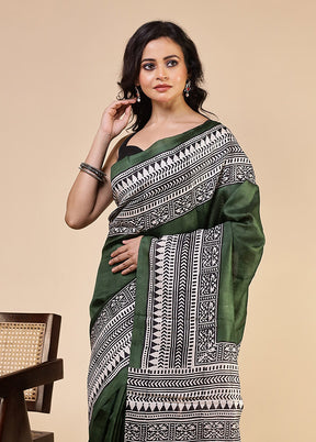 Green Printed Pure Silk Saree Without Blouse Piece