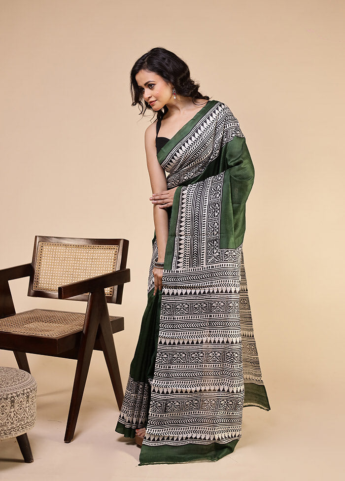 Green Printed Pure Silk Saree Without Blouse Piece