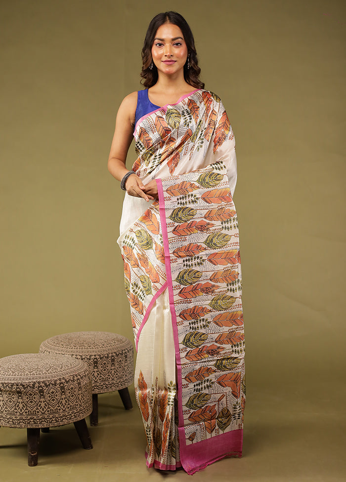 White Printed Pure Silk Saree Without Blouse Piece