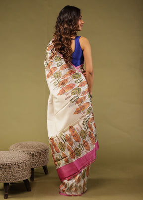 White Printed Pure Silk Saree Without Blouse Piece