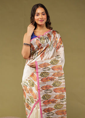 White Printed Pure Silk Saree Without Blouse Piece