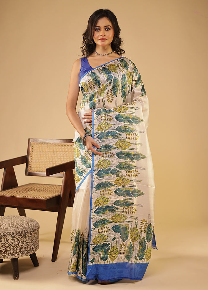 White Printed Pure Silk Saree Without Blouse Piece
