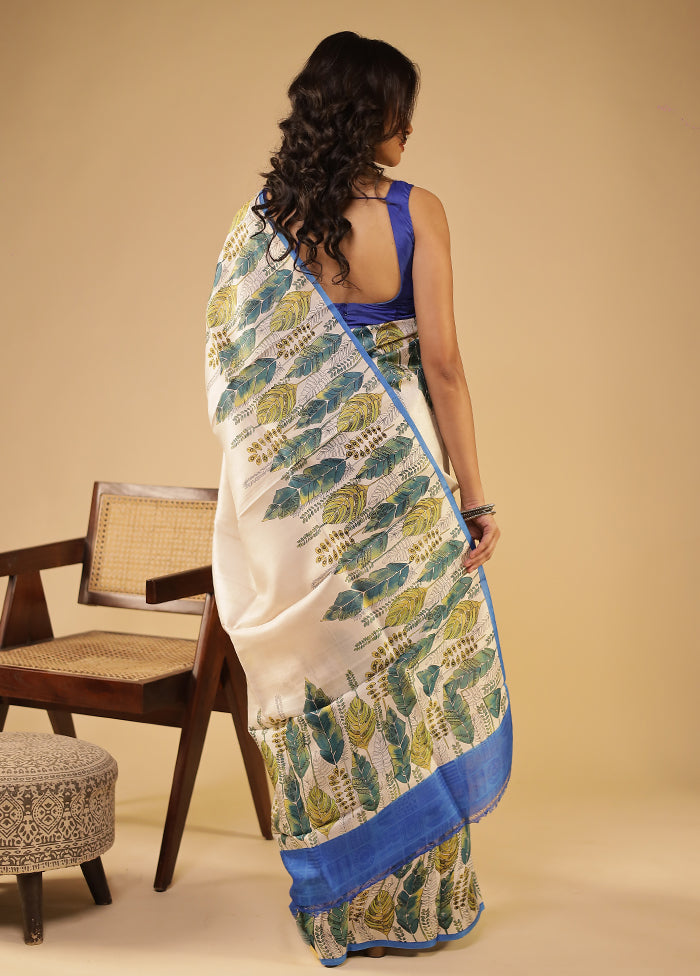 White Printed Pure Silk Saree Without Blouse Piece