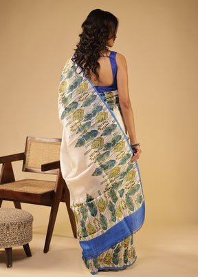 White Printed Pure Silk Saree Without Blouse Piece