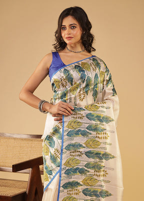White Printed Pure Silk Saree Without Blouse Piece