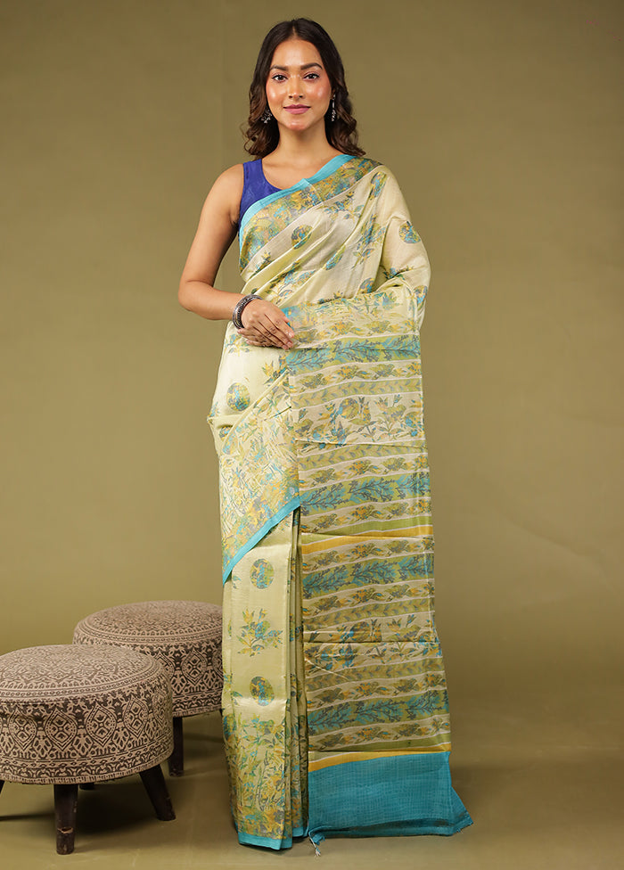 Green Printed Pure Silk Saree Without Blouse Piece