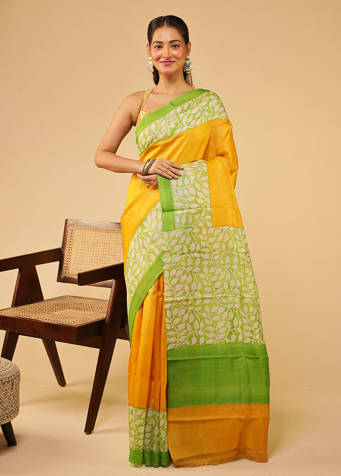 Yellow Handloom Tussar Pure Silk Saree With Blouse Piece