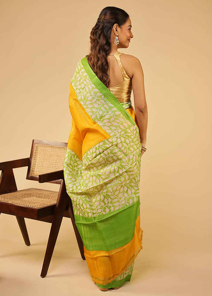 Yellow Handloom Tussar Pure Silk Saree With Blouse Piece
