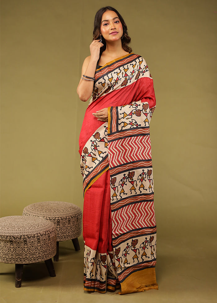Red Handloom Tussar Pure Silk Saree With Blouse Piece