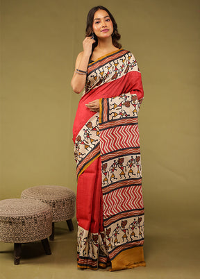 Red Handloom Tussar Pure Silk Saree With Blouse Piece