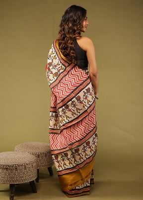 Red Handloom Tussar Pure Silk Saree With Blouse Piece