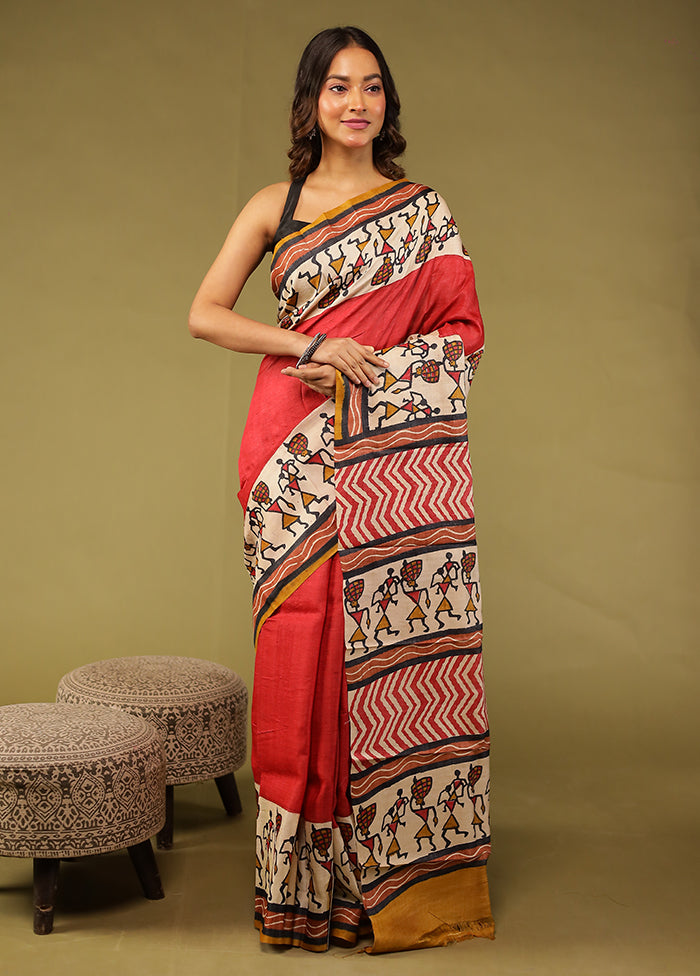 Red Handloom Tussar Pure Silk Saree With Blouse Piece