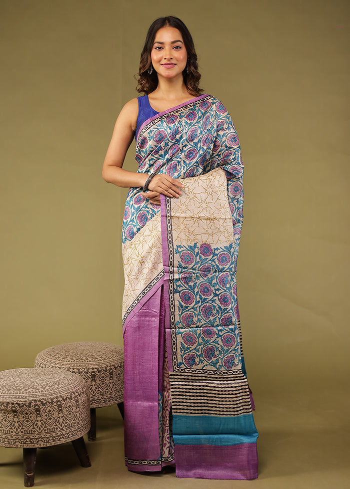 Cream Handloom Tussar Pure Silk Saree With Blouse Piece