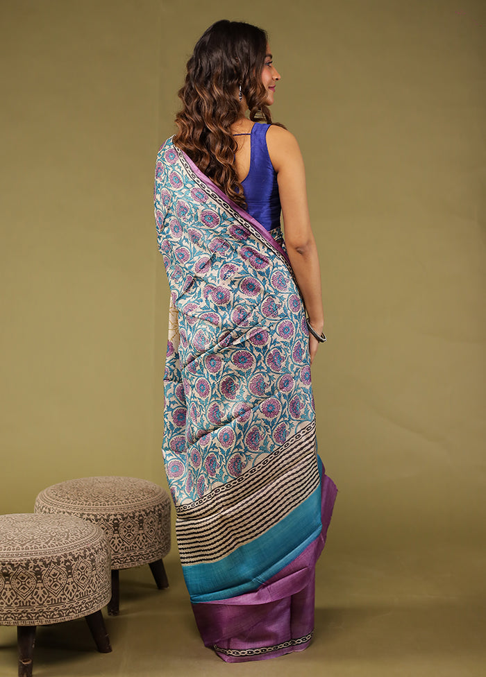 Cream Handloom Tussar Pure Silk Saree With Blouse Piece