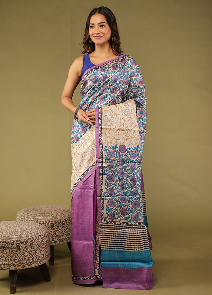 Cream Handloom Tussar Pure Silk Saree With Blouse Piece