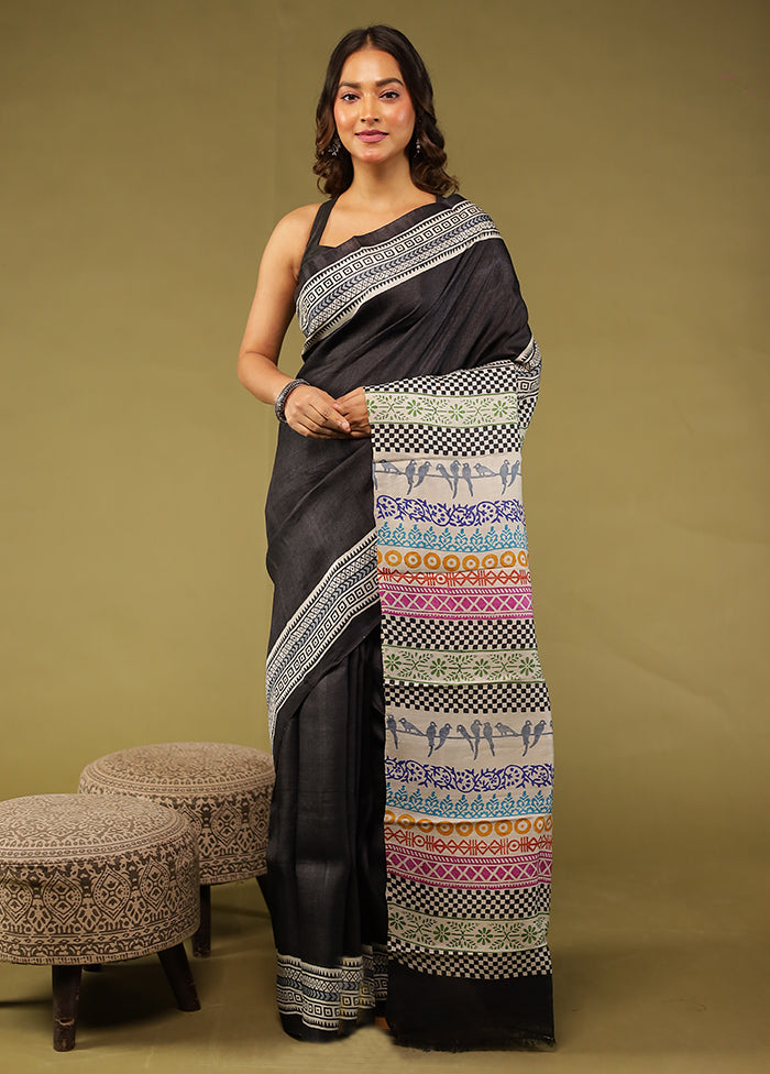 Black Handloom Tussar Pure Silk Saree With Blouse Piece