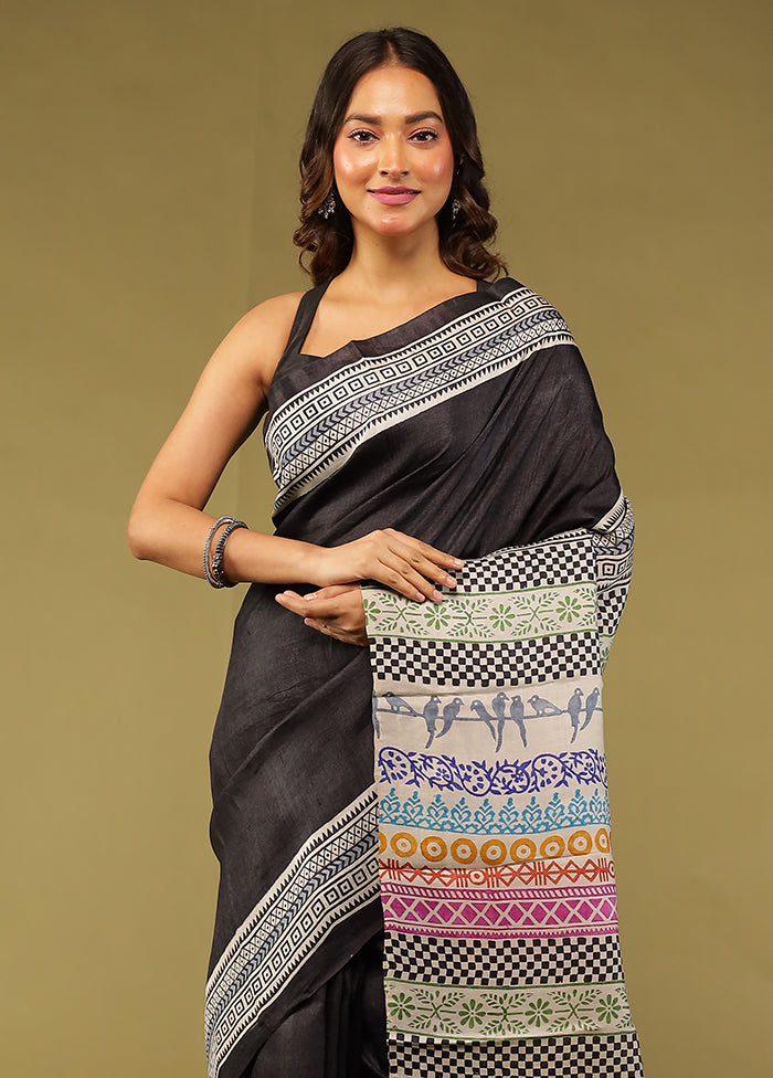 Black Handloom Tussar Pure Silk Saree With Blouse Piece