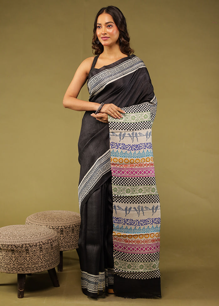 Black Handloom Tussar Pure Silk Saree With Blouse Piece