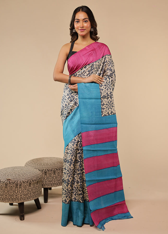 Cream Handloom Tussar Pure Silk Saree With Blouse Piece